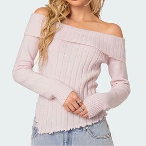Edikted Pale Pink Off-Shoulder Fold Over Knit Top